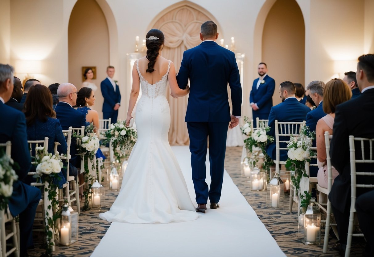 A figure in a formal outfit stands at the end of a long aisle, waiting to escort another figure in a wedding gown towards the front