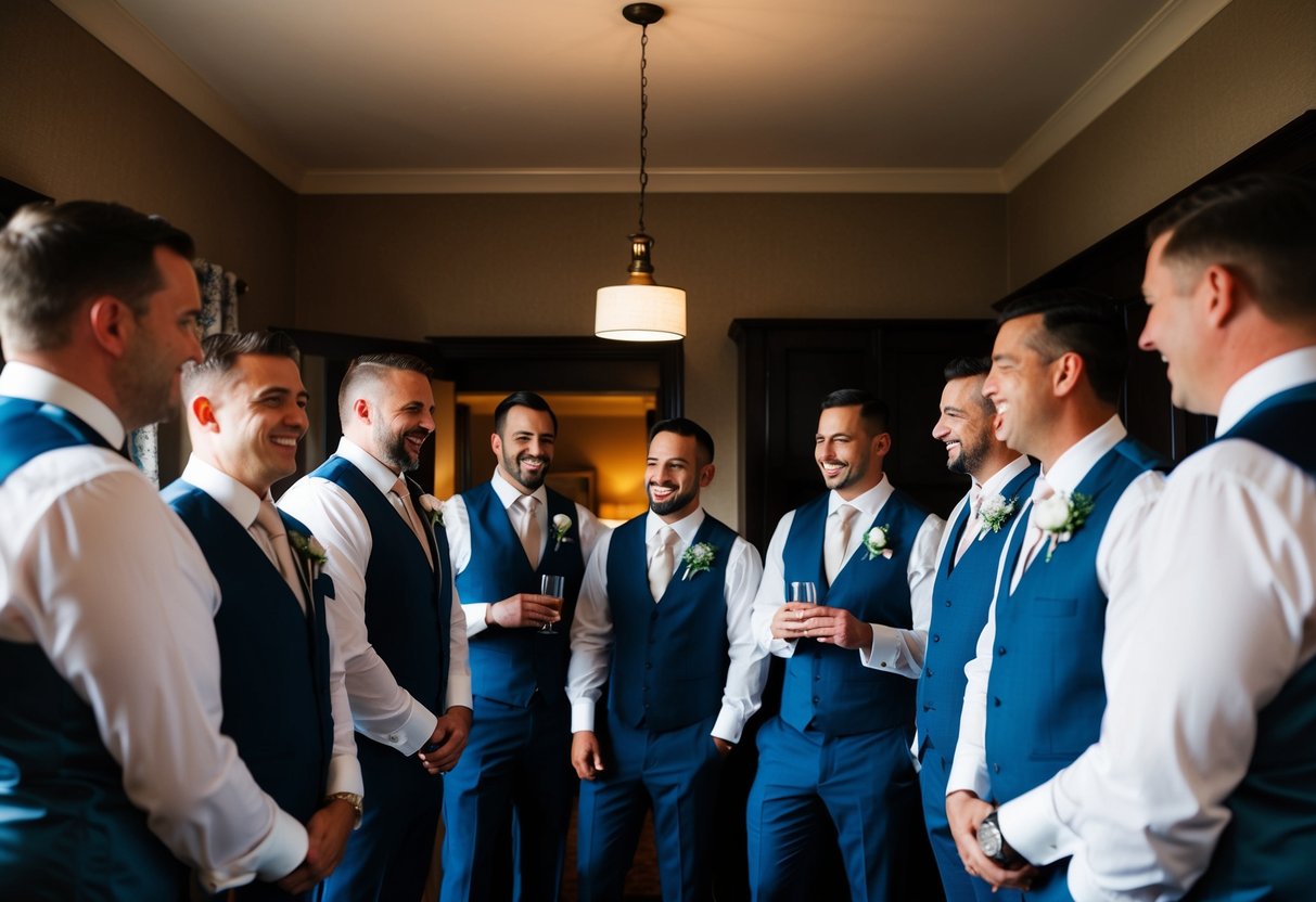 The Groom's Party gathers in a cozy, dimly lit room, sharing laughs and stories as they prepare for the big day