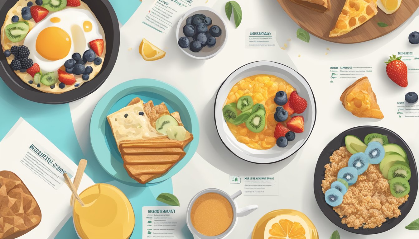 A colorful breakfast menu with nutritional information displayed alongside images of various food items