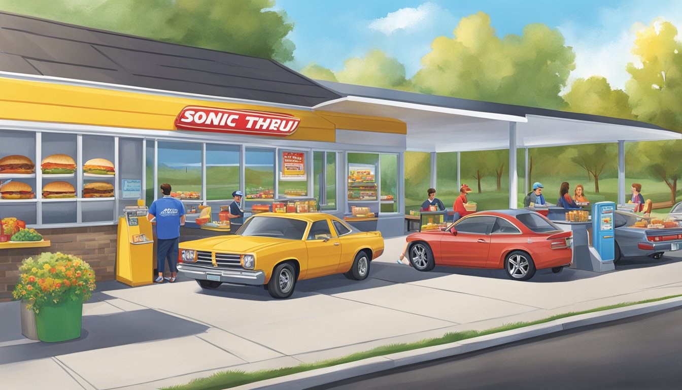 Sonic drive-thru with morning sun, cars lined up, employees serving breakfast items with a smile, and customers enjoying their food