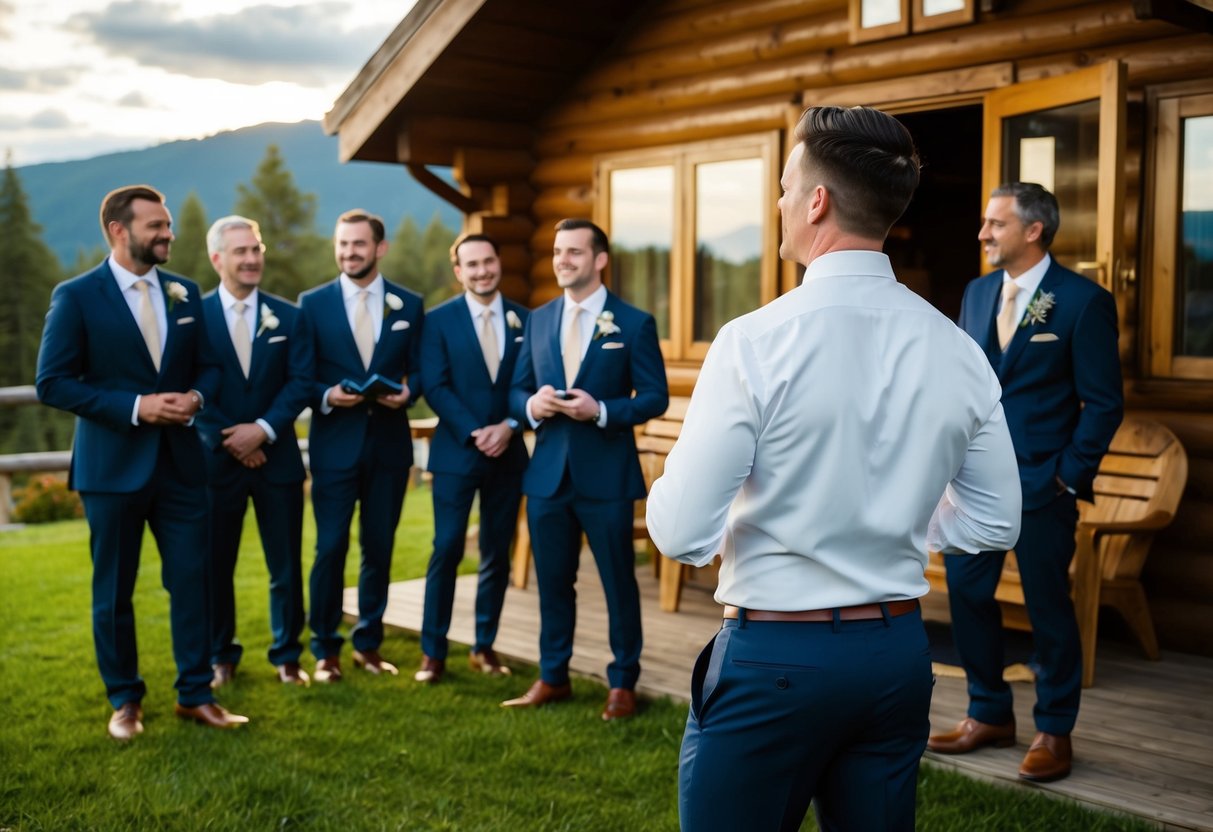 A groom standing outside a cozy cabin, looking at a group of friends and family members as they discuss who will stay with him the night before the wedding