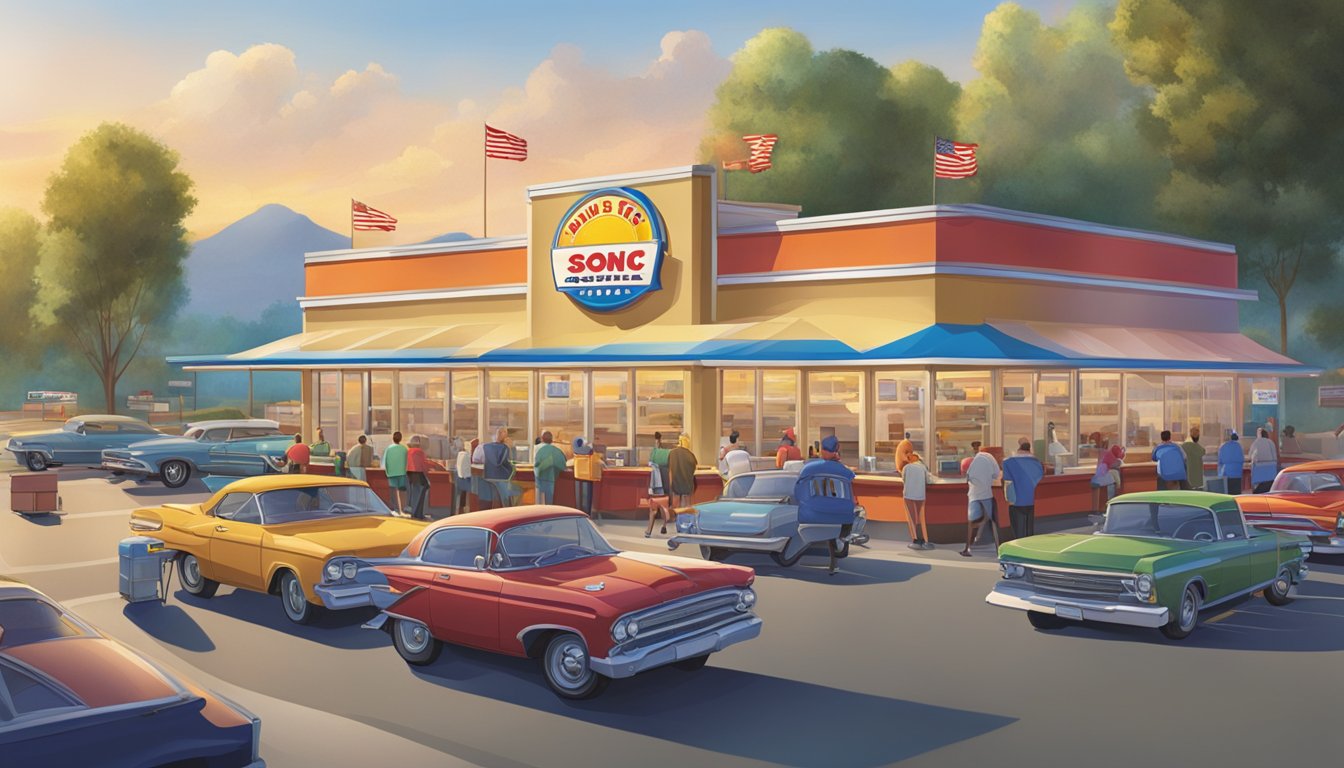 A bustling Sonic drive-in at sunrise, with cars lined up at the ordering stations and employees hustling to serve breakfast items