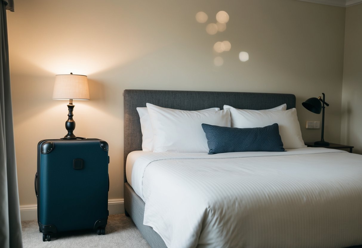 A cozy bedroom with a neatly made bed, a small table with a lamp, and a suitcase packed with the groom's belongings