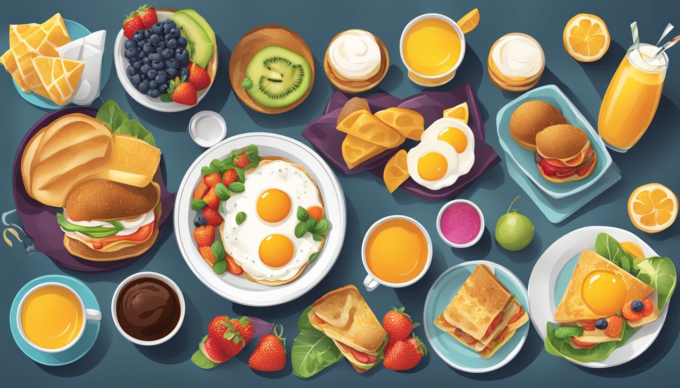 A vibrant and modern breakfast menu design featuring a variety of delicious food items and beverages arranged in an appealing and organized layout