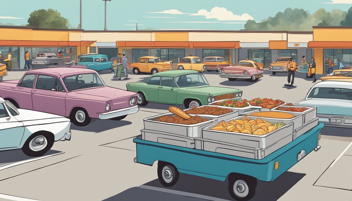 A drive-in employee carefully balances trays of breakfast items on a tray as they navigate through a crowded parking lot, ensuring that the food remains hot and fresh