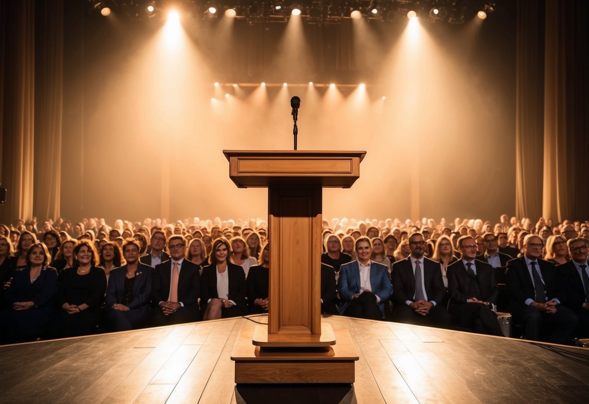 A podium with a microphone stands in the center of a grand stage, bathed in warm spotlight. The audience sits in anticipation, their eyes fixed on the empty space