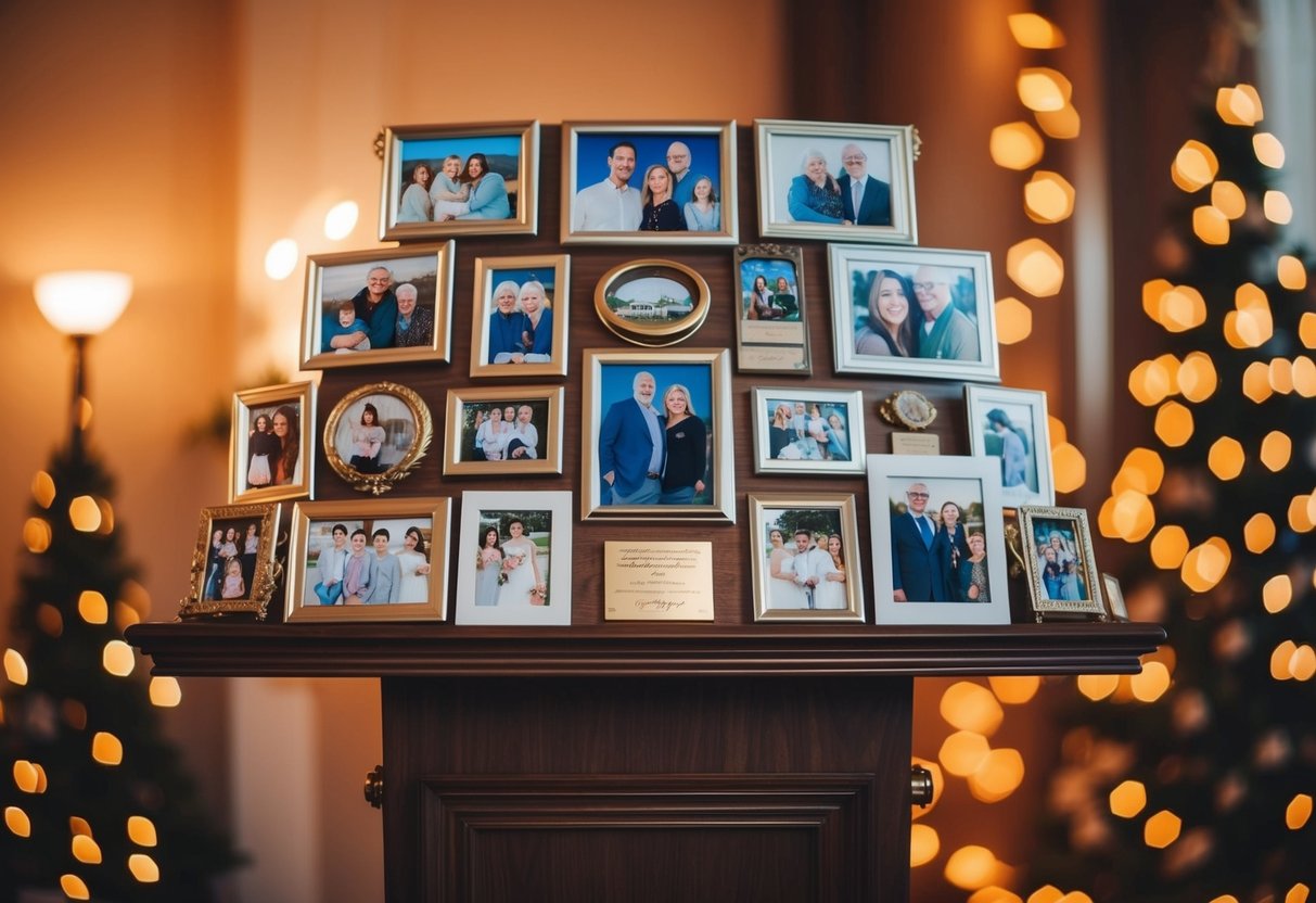 A podium adorned with family photos and mementos, surrounded by warm lighting and a cozy atmosphere