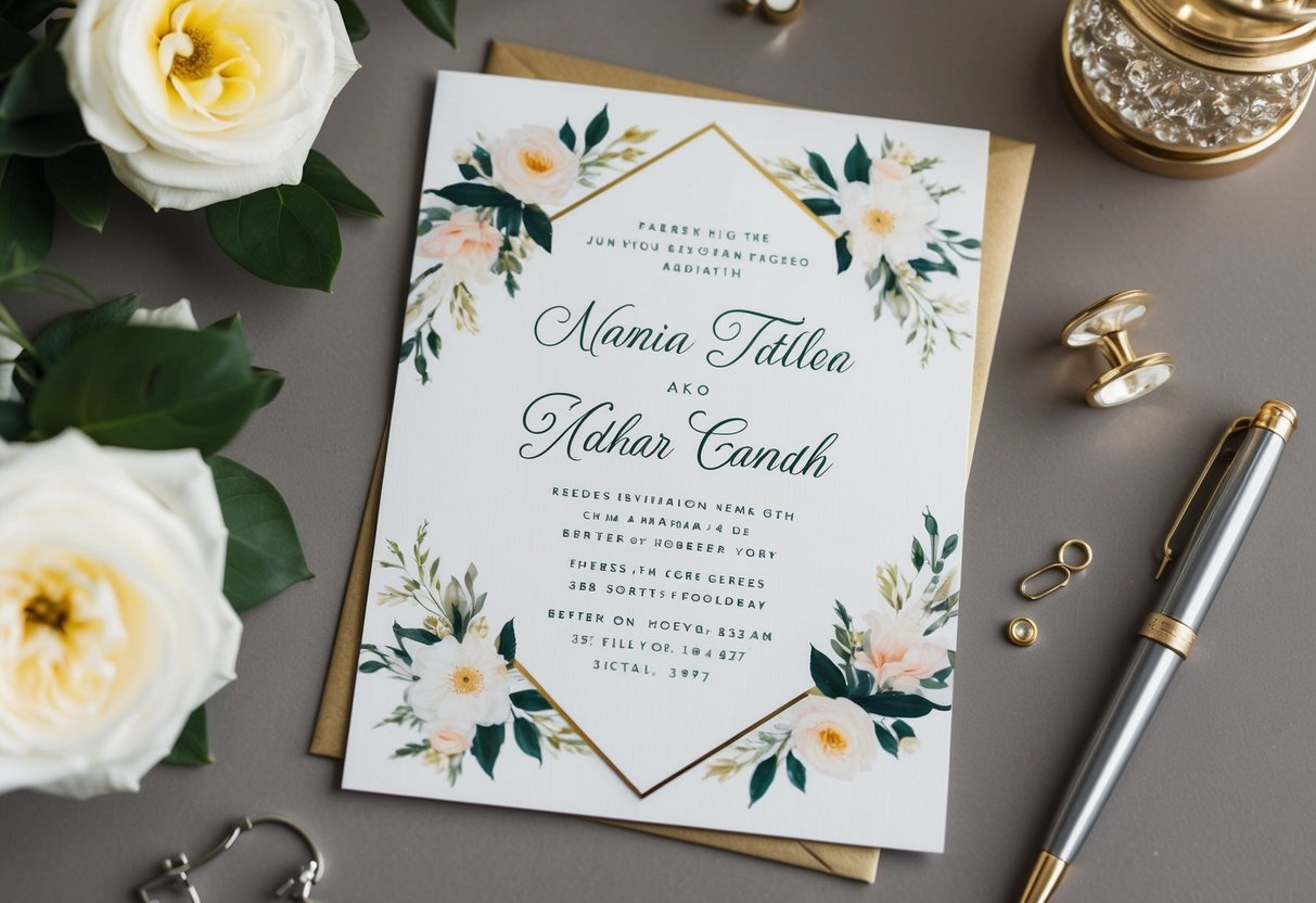 A wedding invitation with names and titles written on a decorative card with floral elements and elegant script font