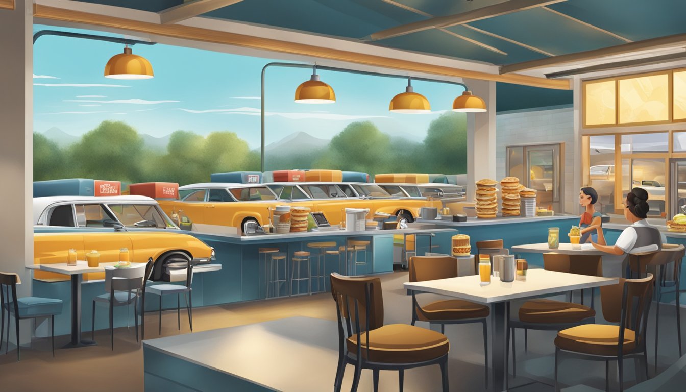 A drive-in restaurant with a focus on customer service, featuring a breakfast menu being prepared and served with attention to quality and efficiency