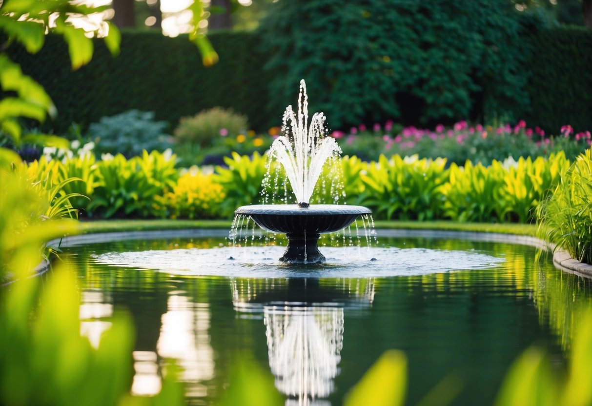 A serene pond with a newly installed water fountain surrounded by lush greenery