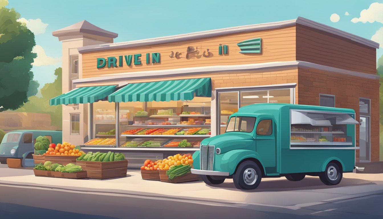 A drive-in restaurant with a bustling kitchen, stocked shelves, and a delivery truck unloading fresh produce