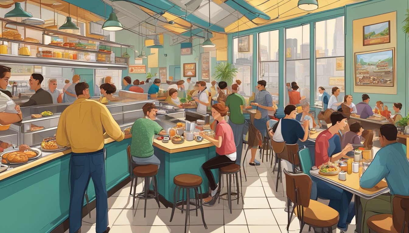 A bustling diner with a spread of breakfast items, surrounded by busy customers and a lively atmosphere