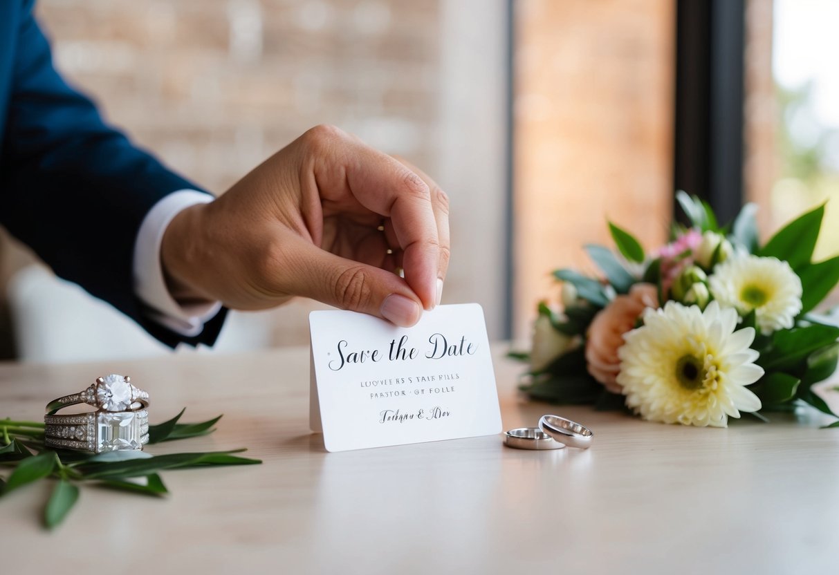 A hand placing a save the date card on a table with flowers and wedding rings