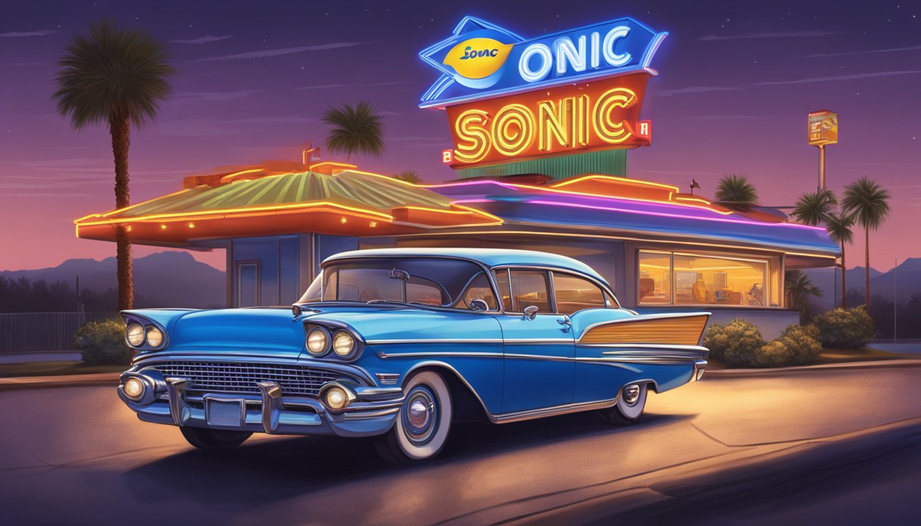 A vintage car pulls up to a Sonic Drive-In with a neon sign glowing in the background, evoking a sense of nostalgia and a connection to the past