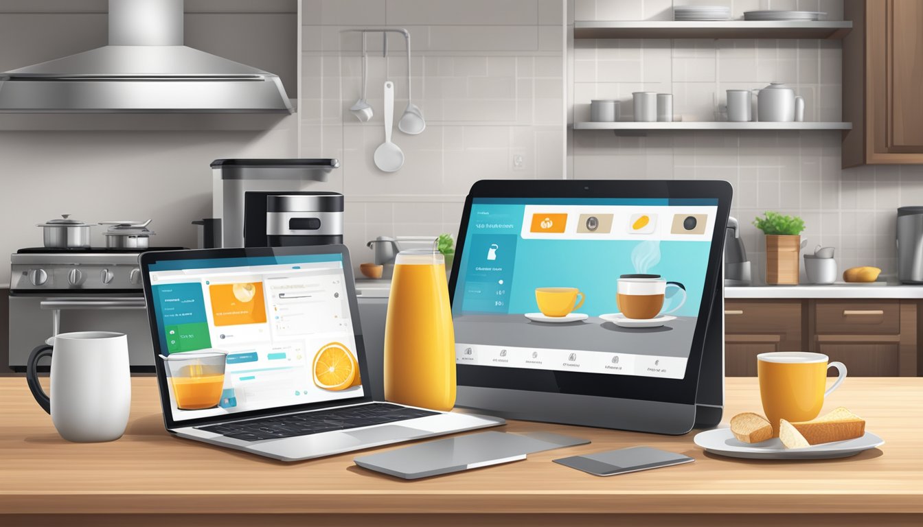 A modern kitchen with a smartphone on the counter, a toaster, and a coffee maker. A laptop or tablet is open on the table, displaying a breakfast delivery app