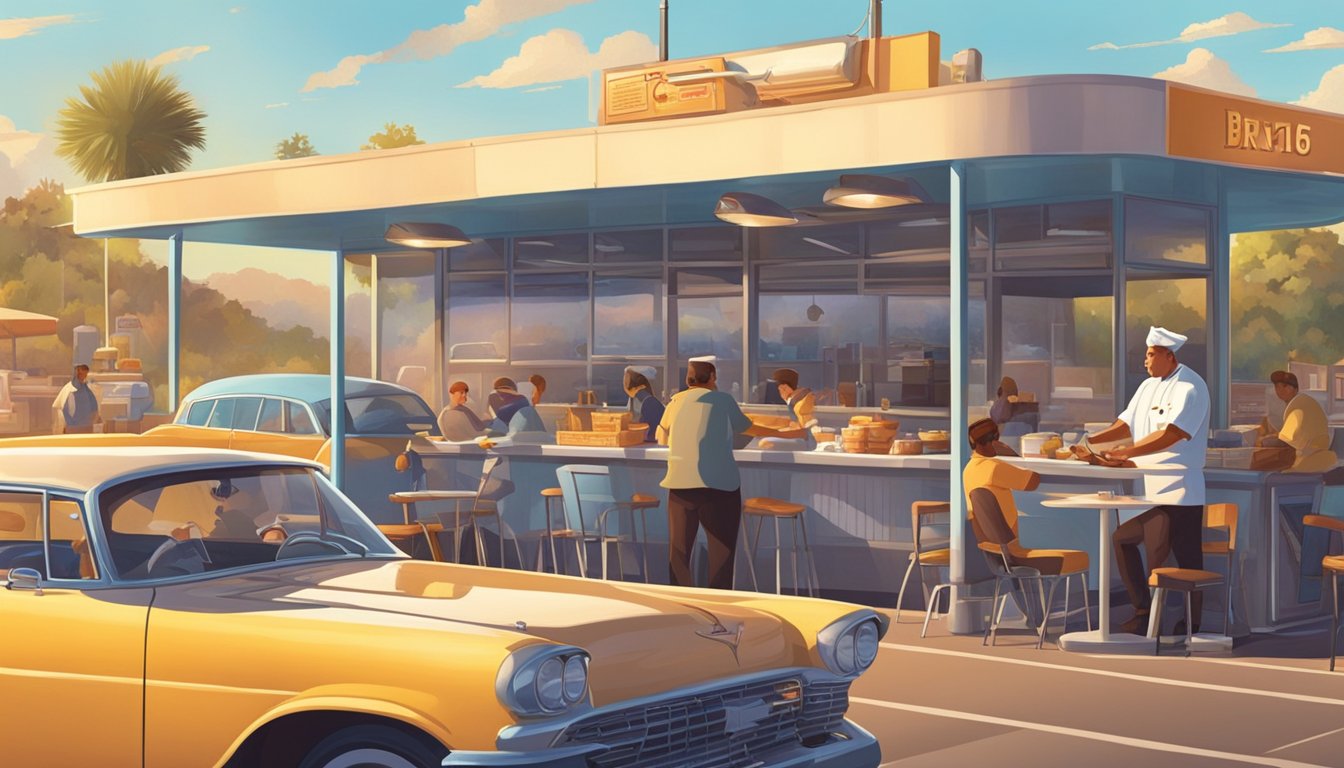 A drive-in restaurant with a chef carefully preparing breakfast items while customers wait in their cars. The morning sun casts a warm glow on the scene