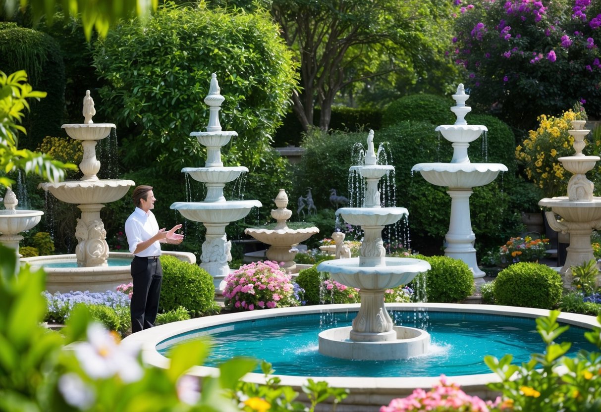 A tranquil garden with a variety of fountains on display, surrounded by lush greenery and blooming flowers. A customer and a salesperson discussing the features of a particular fountain