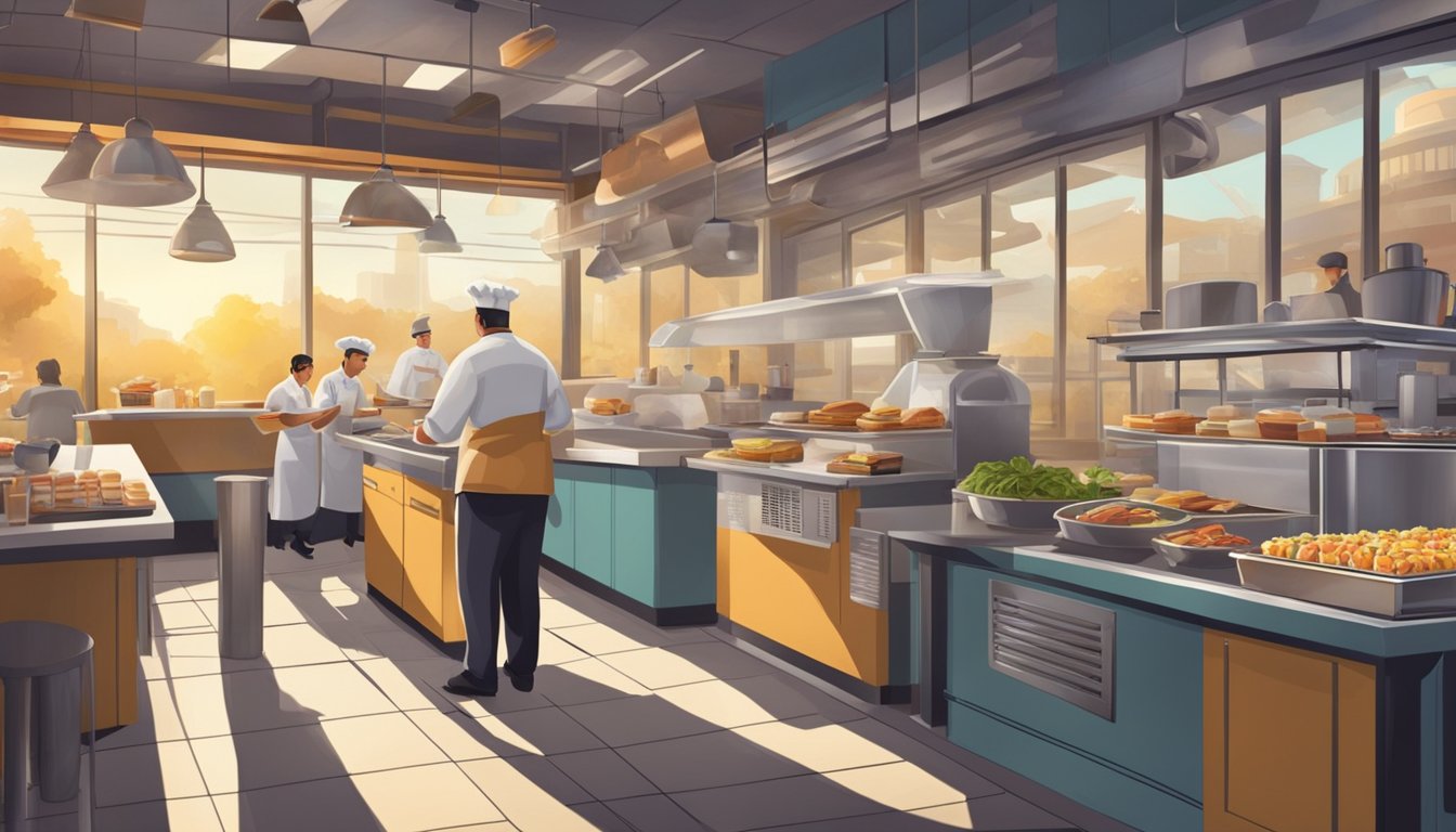 A drive-in restaurant with a chef carefully preparing breakfast items on a busy morning, ensuring quality and efficiency in a fast-paced setting