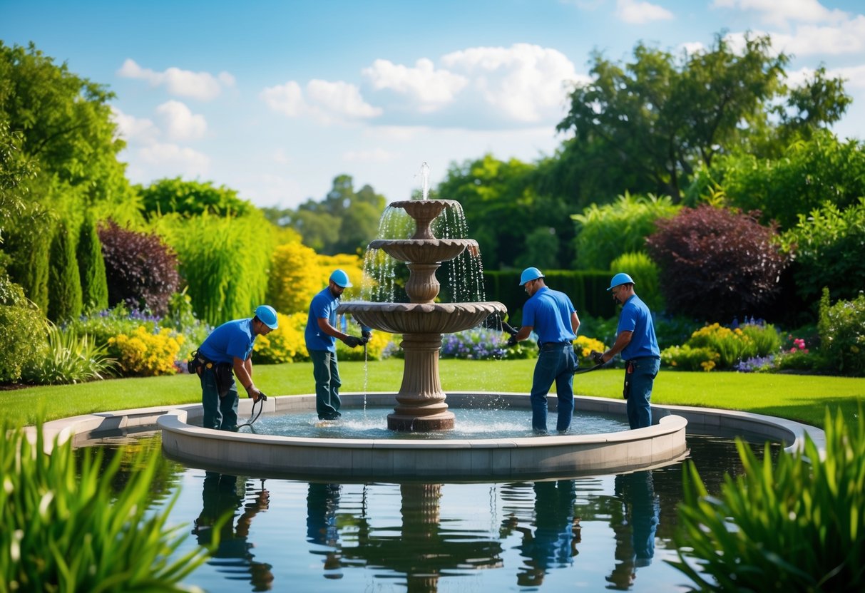 A team of workers installs a water fountain in a serene garden setting, surrounded by lush greenery and a tranquil pond