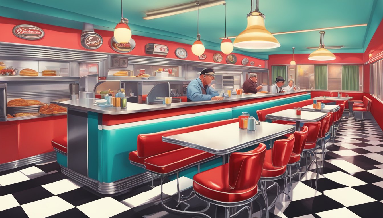 A vintage diner with neon signage, checkered floors, and red vinyl booths filled with happy customers enjoying classic breakfast dishes