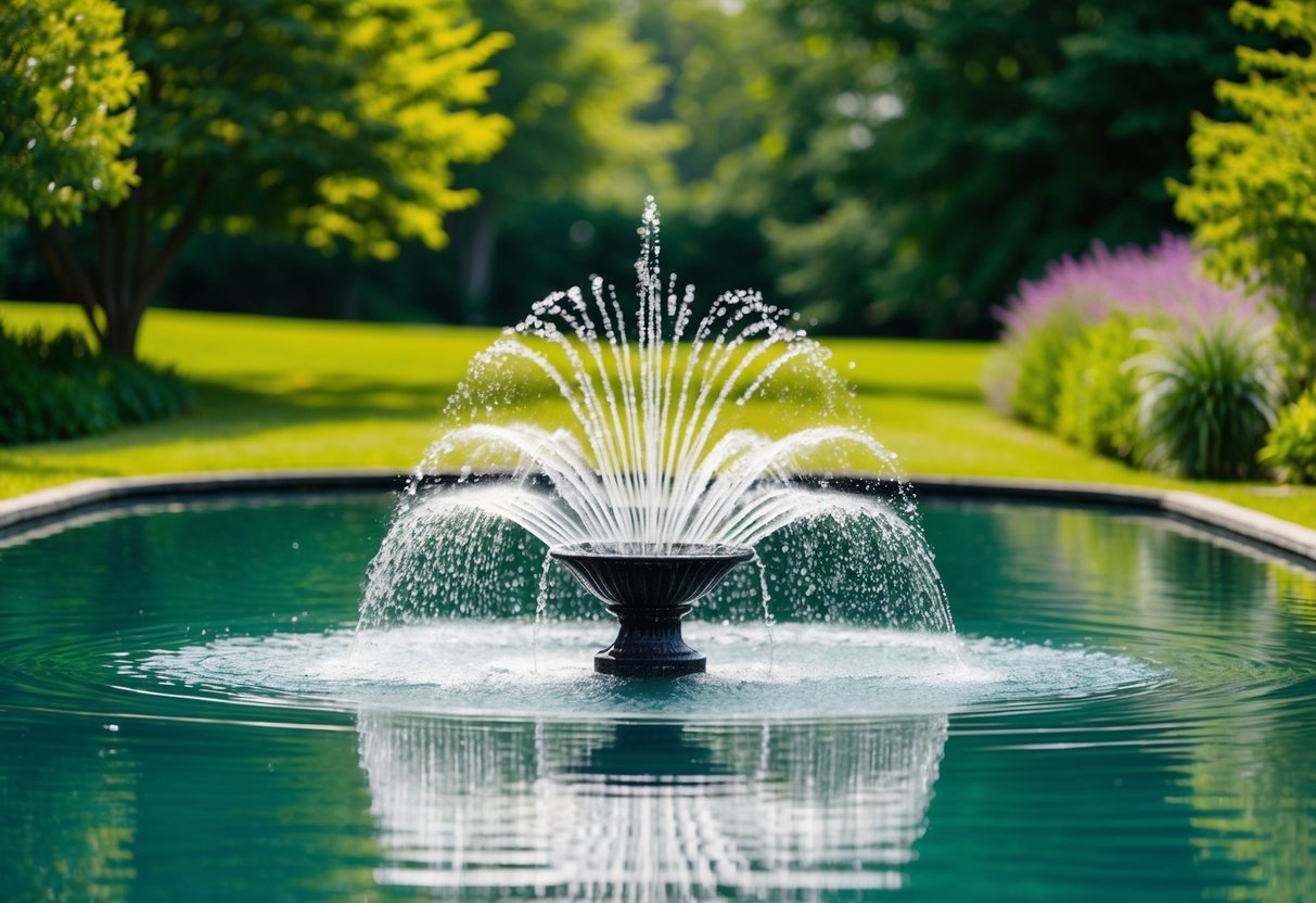 A tranquil pond with a newly installed fountain, surrounded by lush greenery and clear water