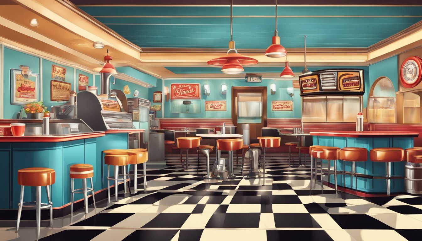 A cozy diner with retro decor and vintage signage, filled with the aroma of sizzling bacon and freshly brewed coffee. Tables are set with checkered tablecloths and classic jukebox music fills the air