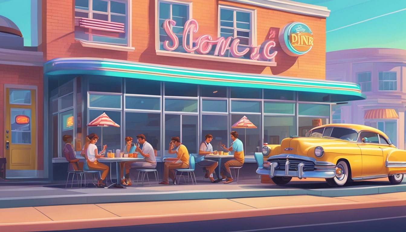 A retro diner with neon signs, jukebox, and classic car parked outside, with people enjoying breakfast and using the Sonic app on their smartphones