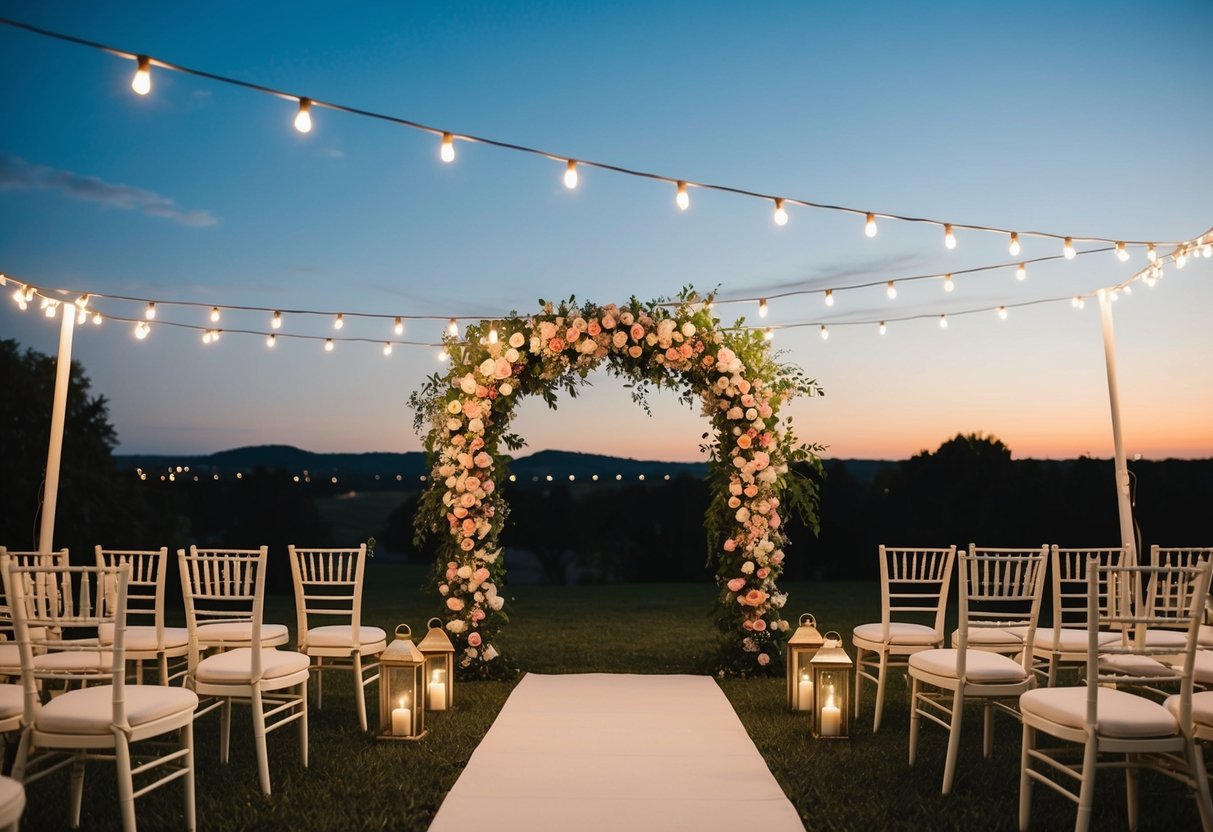 A beautiful outdoor wedding setting with a floral arch, elegant seating, and twinkling lights under a clear evening sky