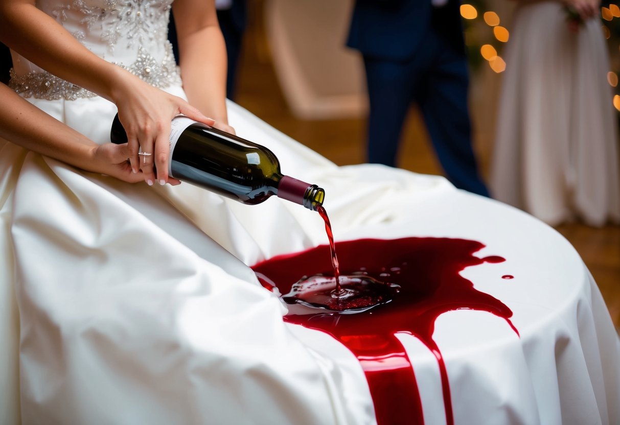 A bride spills red wine on her white dress at the wedding reception