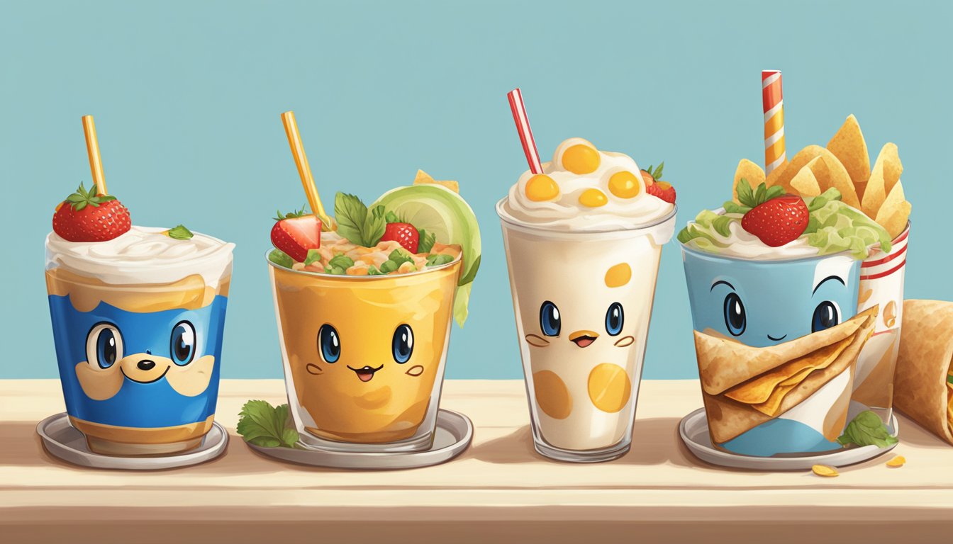 A group of classic Sonic breakfast items, like a breakfast burrito and a milkshake, are depicted with playful expressions and interacting with each other, creating a lighthearted and nostalgic atmosphere