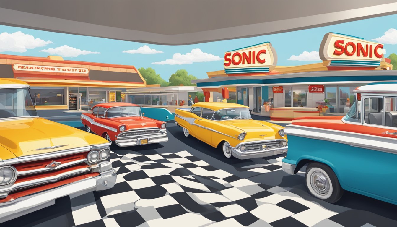 A bustling drive-thru with a retro-themed diner, serving up breakfast items with a nostalgic twist. The iconic Sonic logo is prominently displayed, evoking a sense of nostalgia for customers