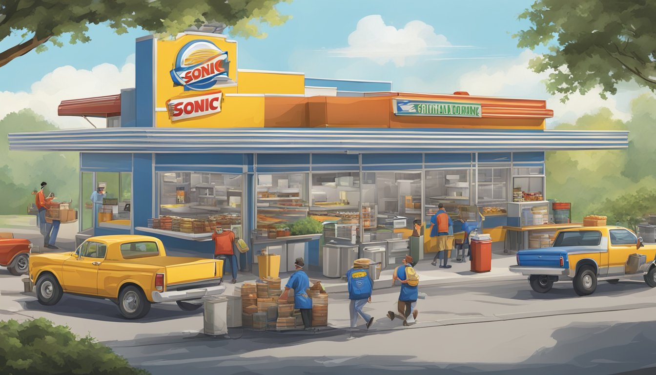 A bustling Sonic drive-in, with delivery trucks unloading fresh breakfast ingredients while staff prepare orders with efficiency and precision