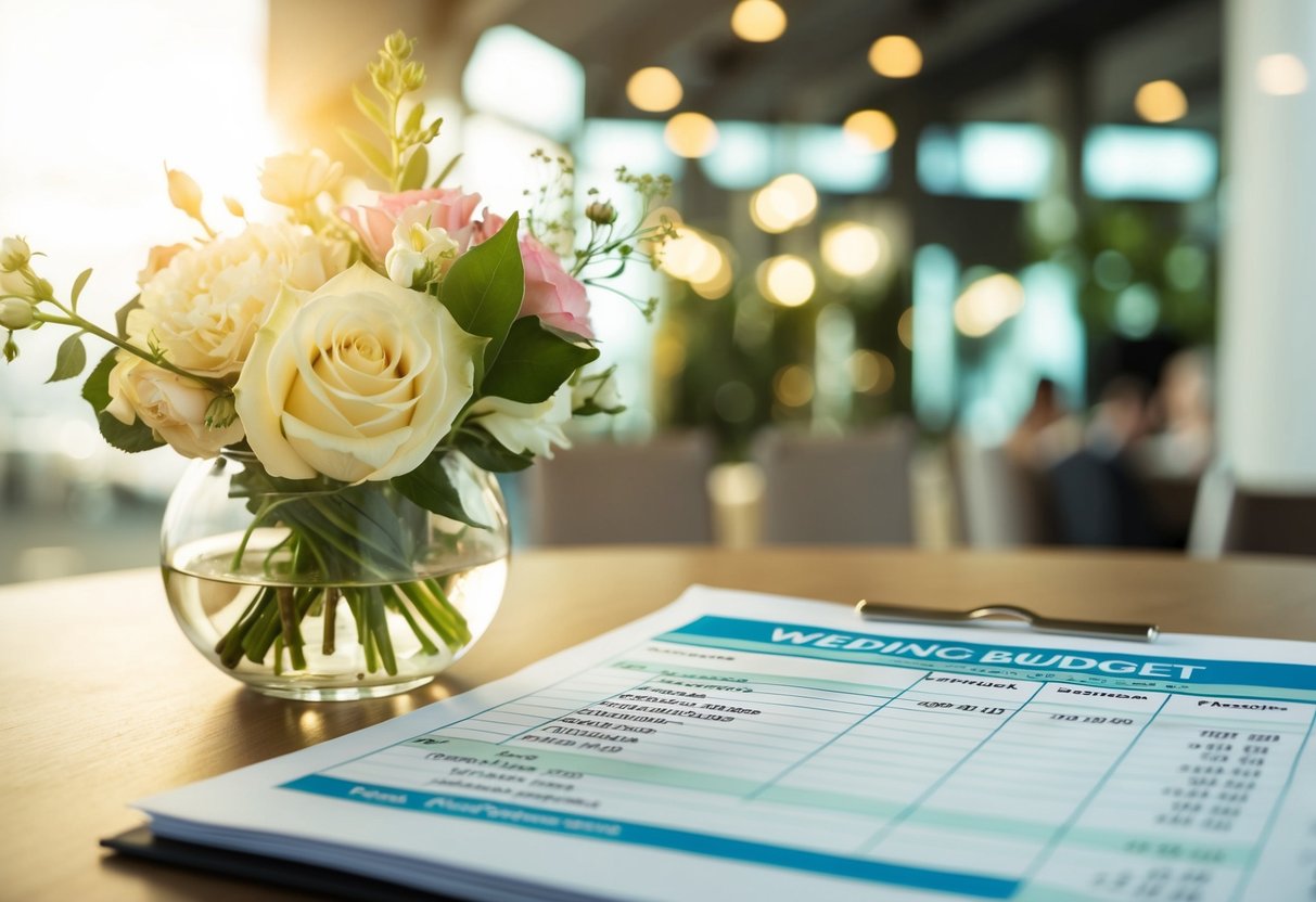 A wedding budget spreadsheet with categories for venue, catering, attire, flowers, photography, and entertainment