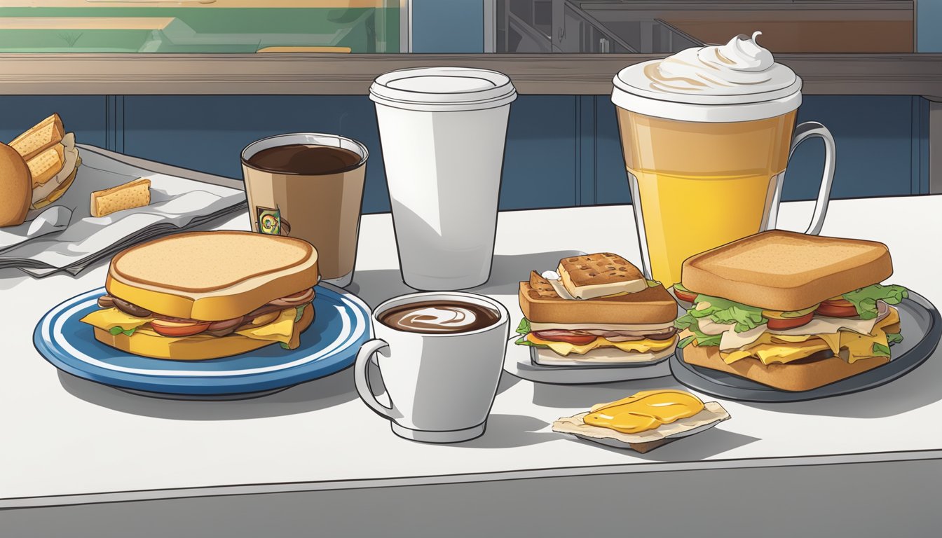 A table scattered with rejected breakfast items, including a half-eaten sandwich and spilled coffee, while Sonic's menu is displayed in the background