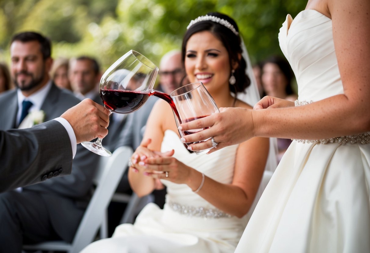 A bride with a glass of red wine accidentally spills it on a guest wearing a white dress at a wedding