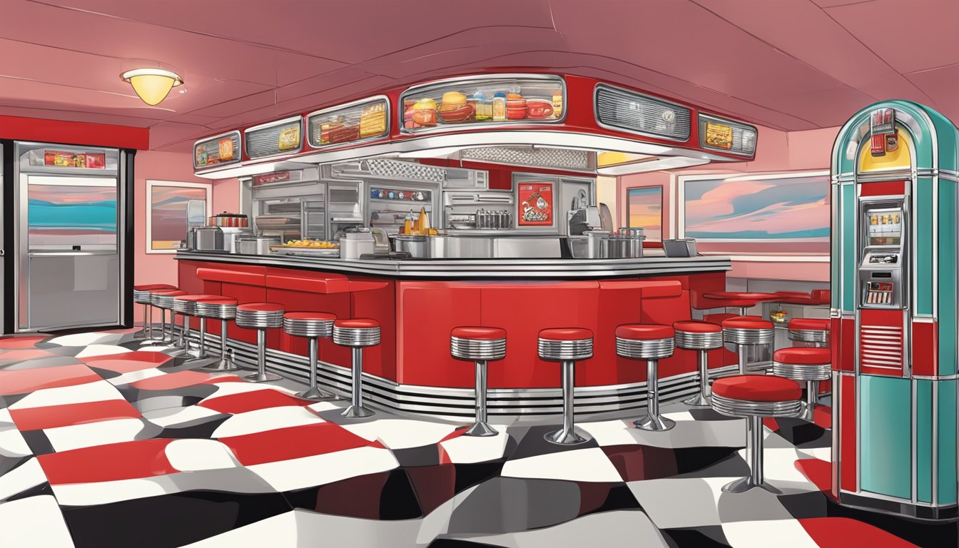 A vintage diner with a jukebox, red booths, and a chrome counter where Sonic's breakfast items are served