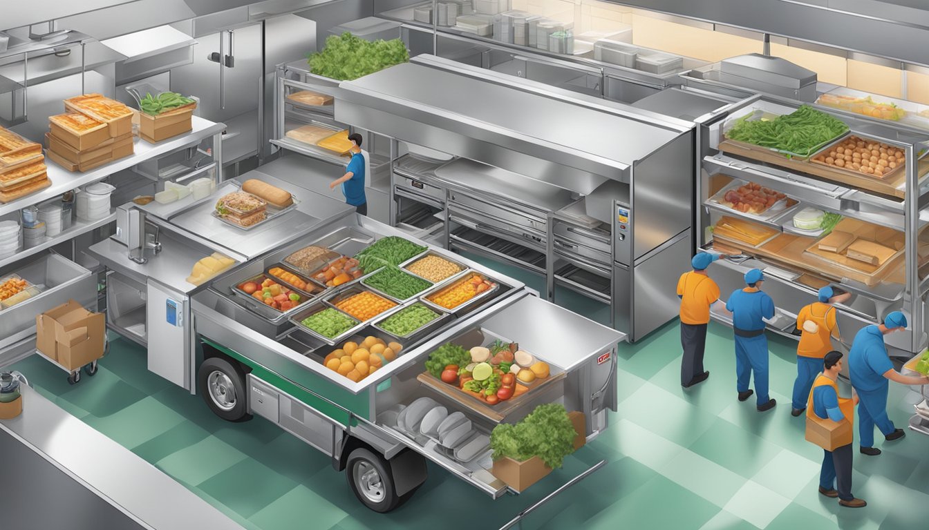 A bustling kitchen with fresh ingredients being delivered and organized for a breakfast menu. Trucks and workers move efficiently to ensure Sonic's supply chain runs smoothly