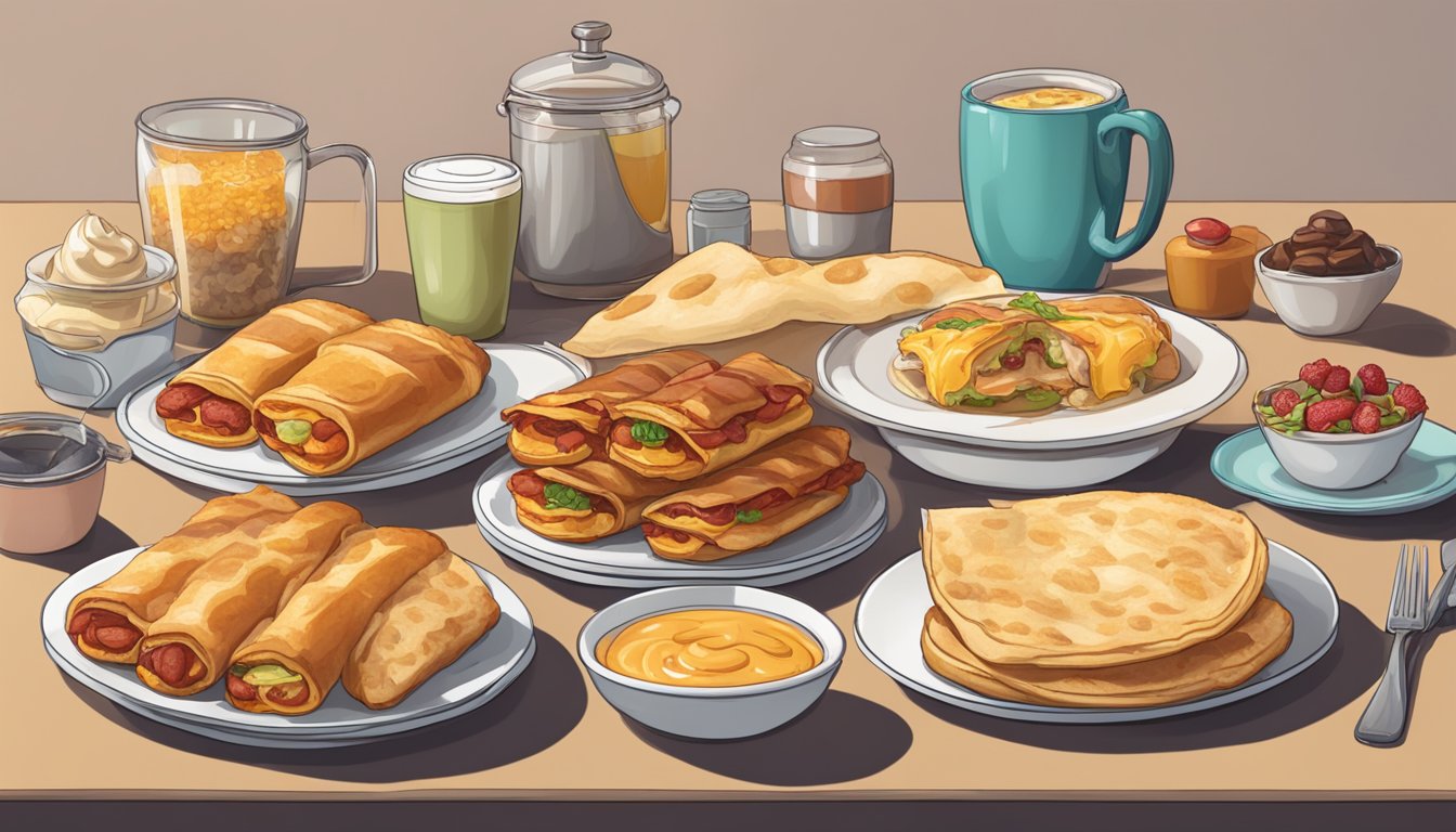 A table with rejected breakfast items: greasy bacon, sugary pastries, and oversized breakfast burritos