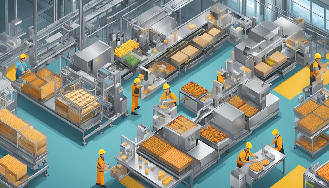 A bustling factory floor with automated machinery assembling breakfast items, while high-tech sensors monitor inventory and robotic arms load products onto conveyor belts