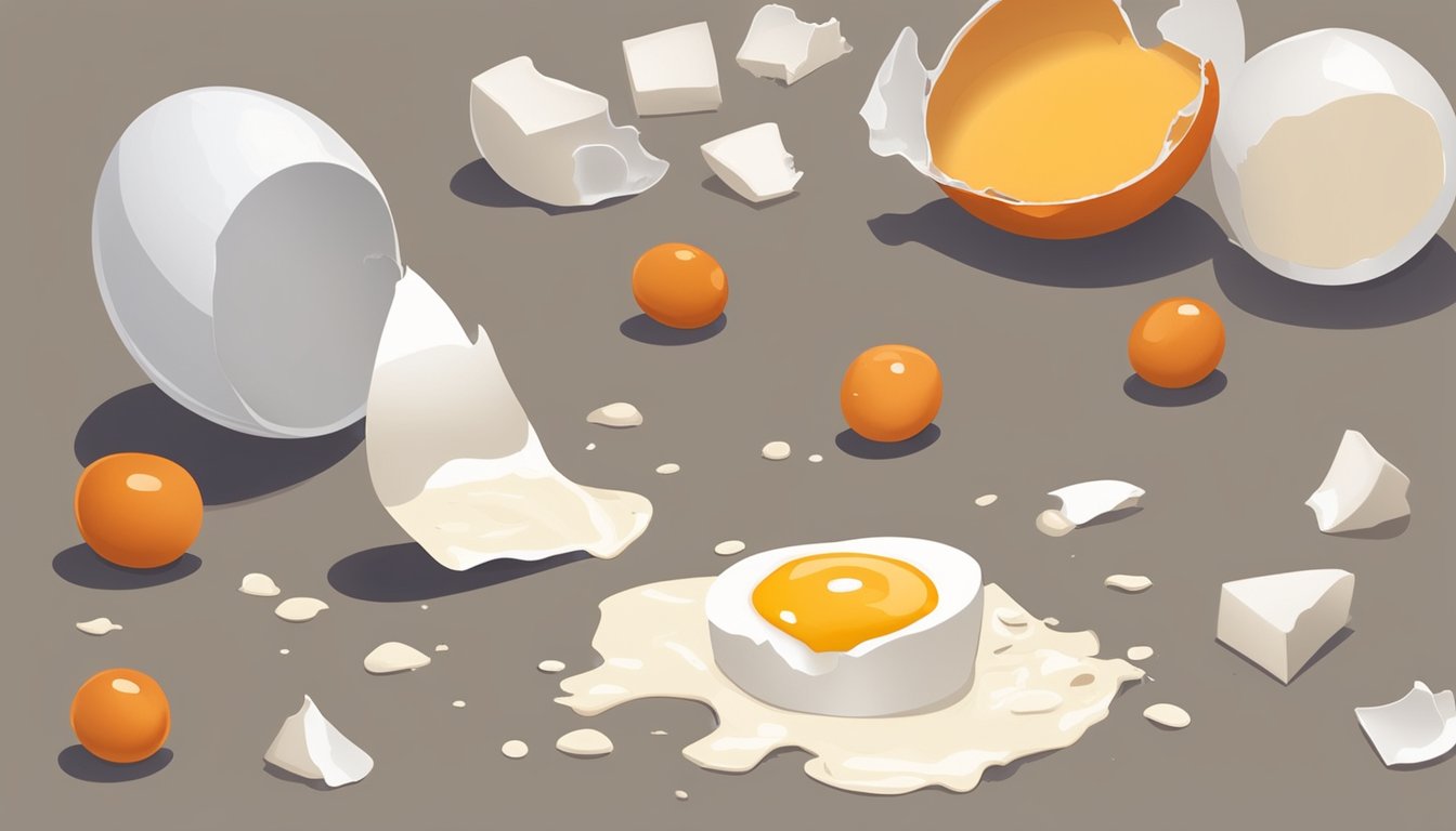 A broken eggshell lies on the floor, next to a spilled carton of milk. A wilted tomato and moldy cheese sit on the counter