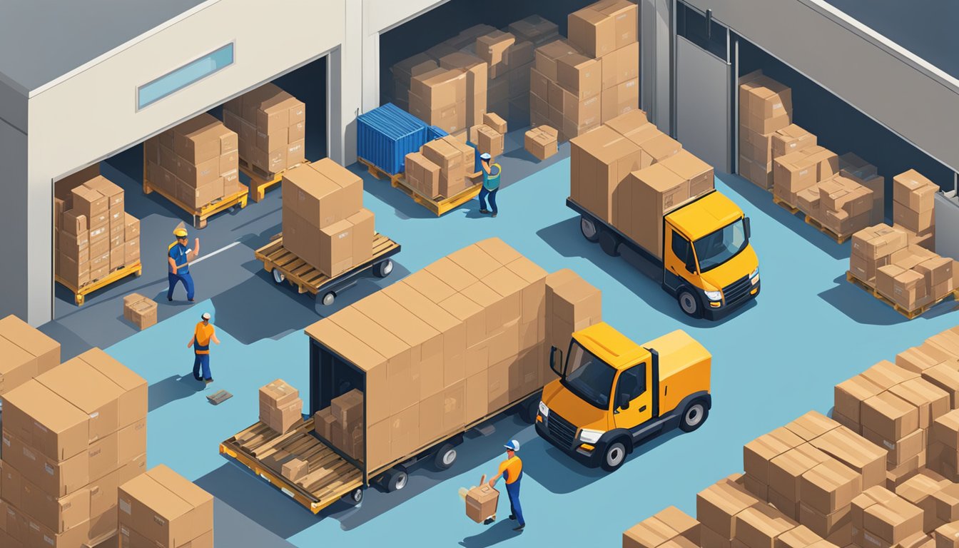 A bustling warehouse with workers loading Sonic breakfast items onto delivery trucks. Forklifts move pallets of supplies while managers oversee the operation