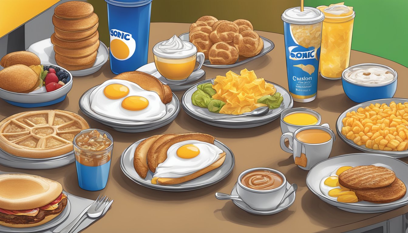 A colorful display of breakfast items, including failed menu options, with a prominent "Customer Favorites" section at a Sonic restaurant