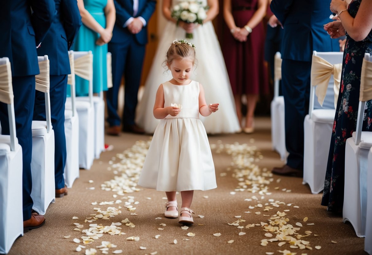 A flower girl scatters petals on the aisle before the bride