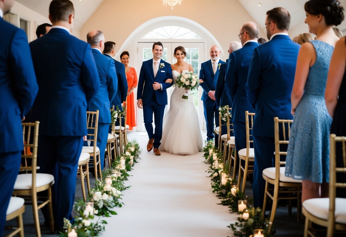 A line of figures in various attire and roles, moving in an orderly procession down the aisle towards the bride
