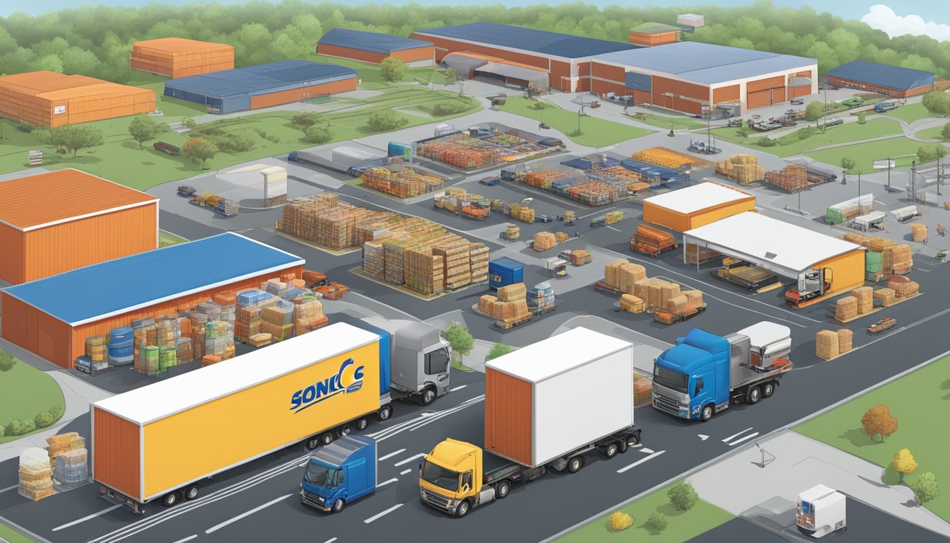 A busy breakfast supply chain with trucks, warehouses, and delivery routes, showcasing Sonic's marketing and sales strategies