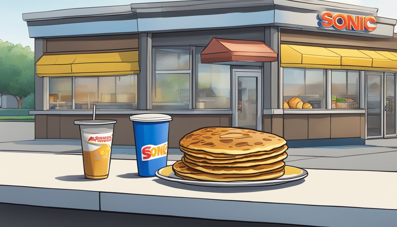 A table with rejected breakfast items, including a burnt pancake, a soggy muffin, and a failed omelette, sits in front of a disappointed Sonic employee