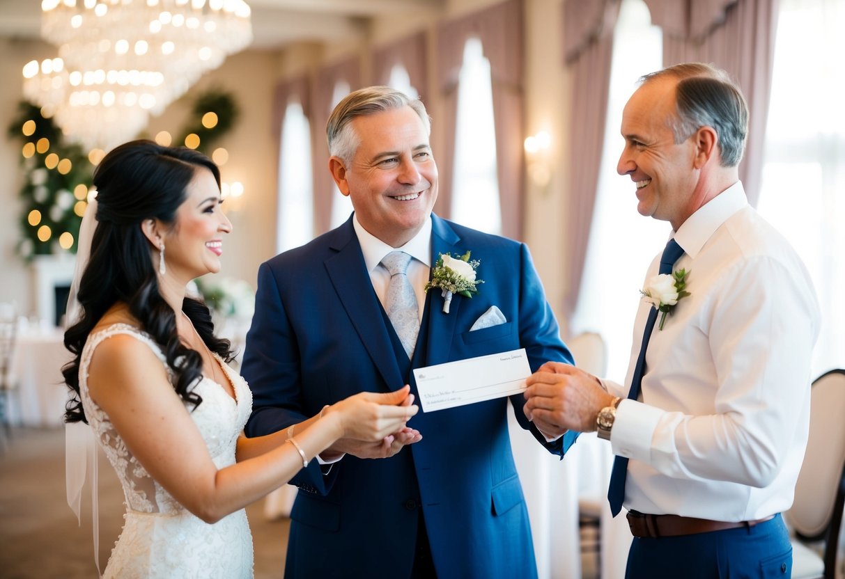 A proud father handing over a check to a smiling wedding planner in a beautifully decorated venue