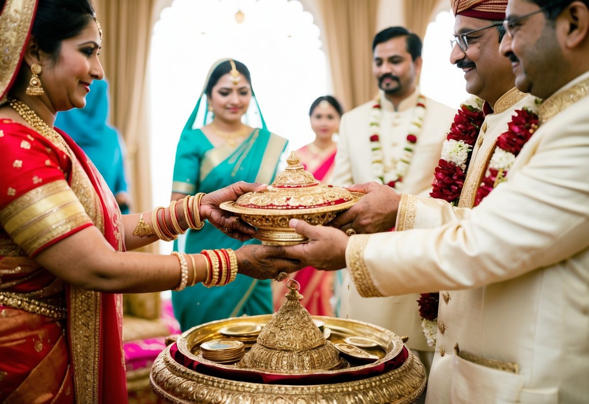 A bride's parents handing over a dowry or financial contribution to the groom's family in a traditional wedding ceremony