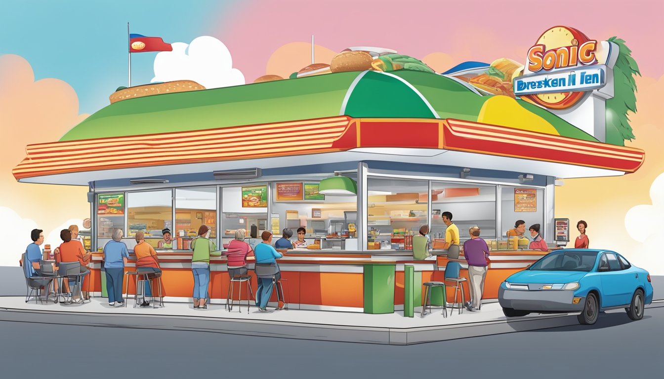 A bustling Sonic drive-in with a colorful array of breakfast items being served to a diverse group of customers, from young families to elderly couples