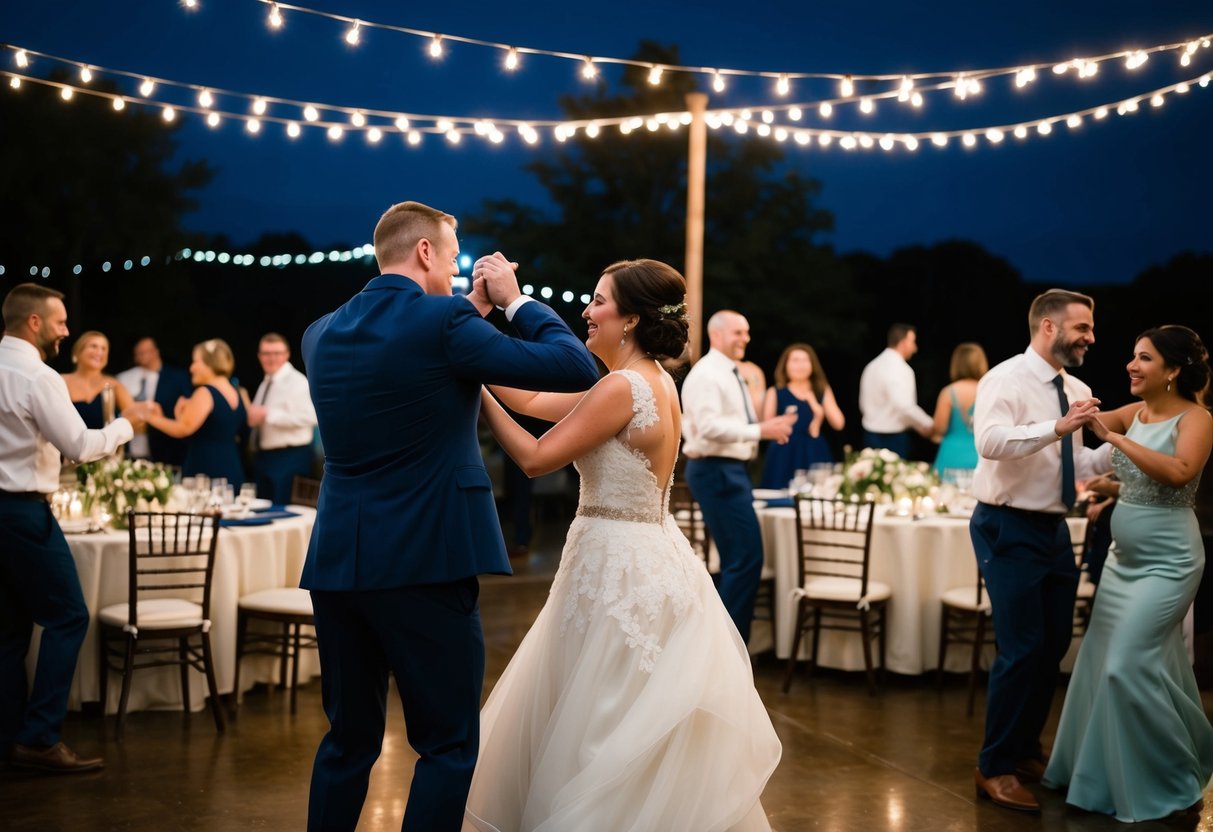 Guests dancing under twinkling lights, as the night sky darkens outside the reception hall. Tables littered with empty glasses, and the bride and groom sharing a final dance